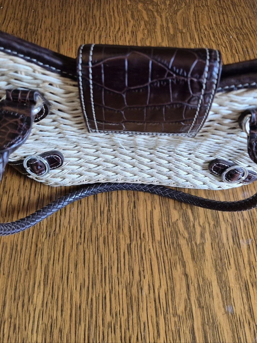 BRIGHTON woven Straw Tote Handbag with Dark Brown Croc-Trim